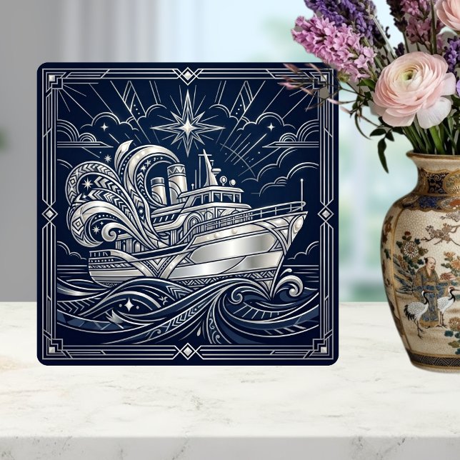 Azulejo Art Deco Plata barco Olas del Océano Noche Estrell (Subido por el creador)