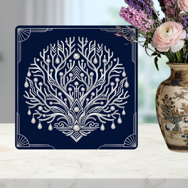 Azulejo Art Deco Plata Perlas Árbol Azul Marino (Subido por el creador)