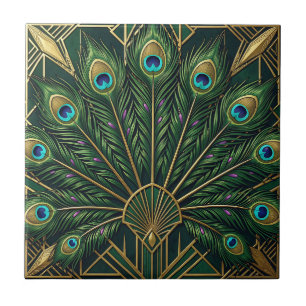 Azulejo Art Deco Plumas de Pavo Real Verde Esmeralda Dorad
