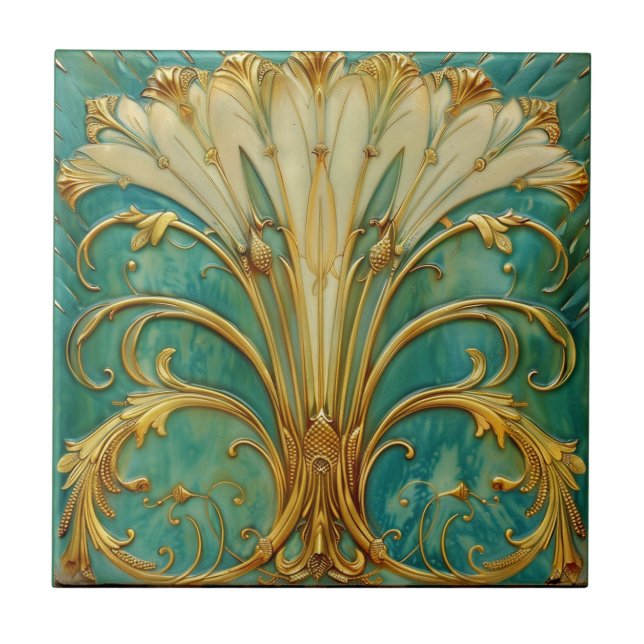 Azulejo Art Deco Retro Dorado Turquesa Flor de Trompeta (Frente)