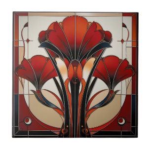 Azulejo Art Deco Rojo Negro Blanco Floral Abstracto 