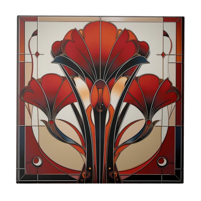 Azulejo Art Deco Rojo Negro Blanco Floral Abstracto  (Frente)