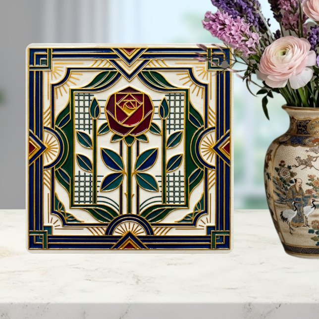 Azulejo Art Deco Rose Red Blue Green Gold Floral Art Tile (Subido por el creador)