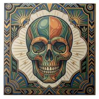 Azulejo Art Deco Skull Emerald Green Orange Gold Ceramic T