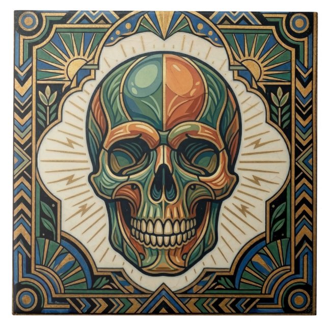 Azulejo Art Deco Skull Emerald Green Orange Gold Ceramic T (Frente)