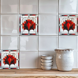 Azulejo Art Deco Vidrio Manchado Floral Rojo Blanco