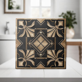 Azulejo Art Deco Vintage Fleur-de-lis - Negro y Oro