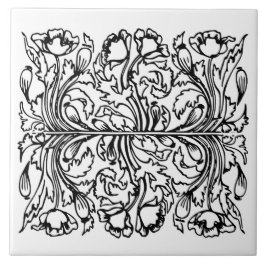 Azulejo Art Nouveau amapola floral blanco negro elegante