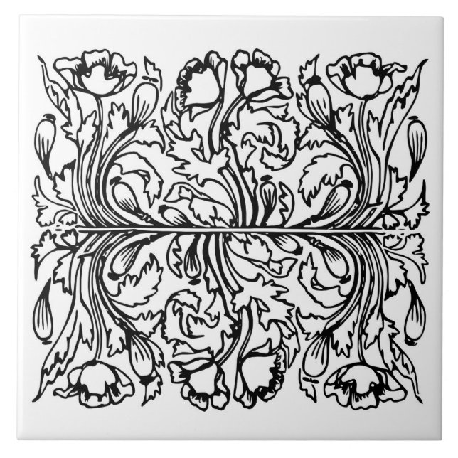 Azulejo Art Nouveau amapola floral blanco negro elegante (Frente)