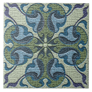 Azulejo Art Nouveau Antiguo Agrietado Azul y Verde