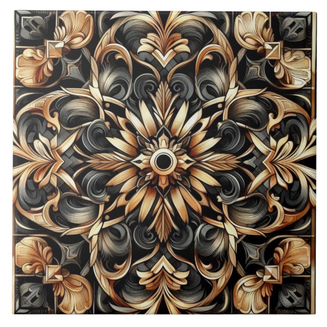 Azulejo Art Nouveau / Art Deco Elegante Negro y Oro (Frente)