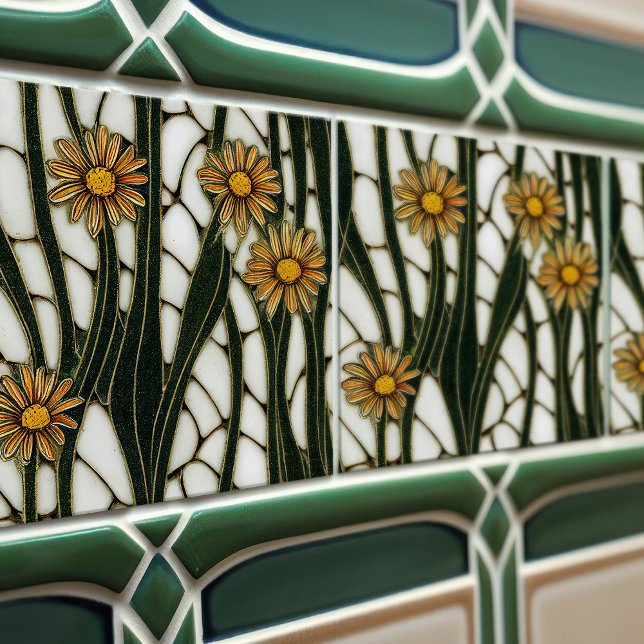 Azulejo Art Nouveau Daisies Flores verdes blancas sin sold (Subido por el creador)
