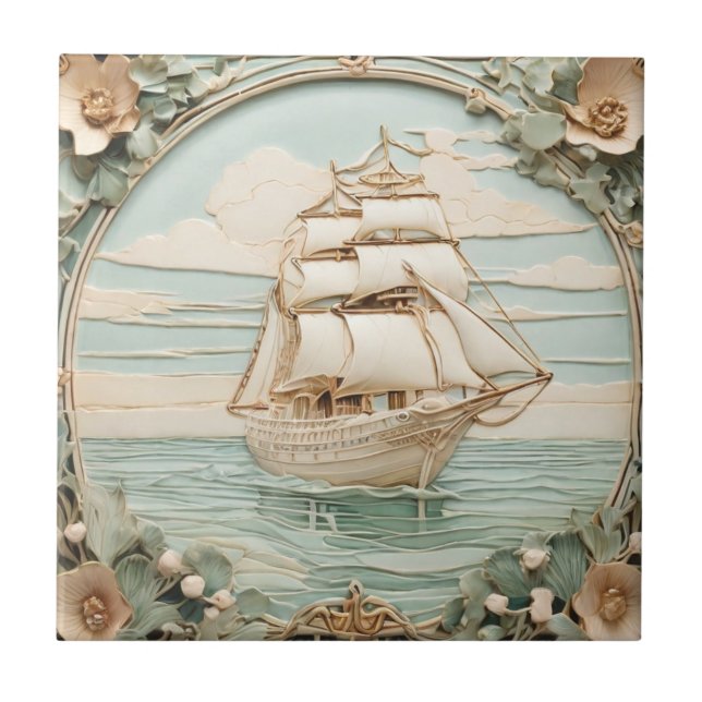 Azulejo Art Nouveau Faux Relief Antiguo barco velero (Frente)