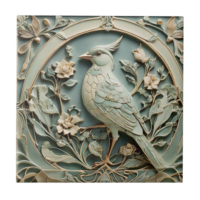 Azulejo Art Nouveau Faux Relief Bird Fancy Floral (Frente)
