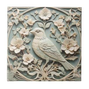 Azulejo Art Nouveau Faux Relief Bird Flower Blosoms Mint