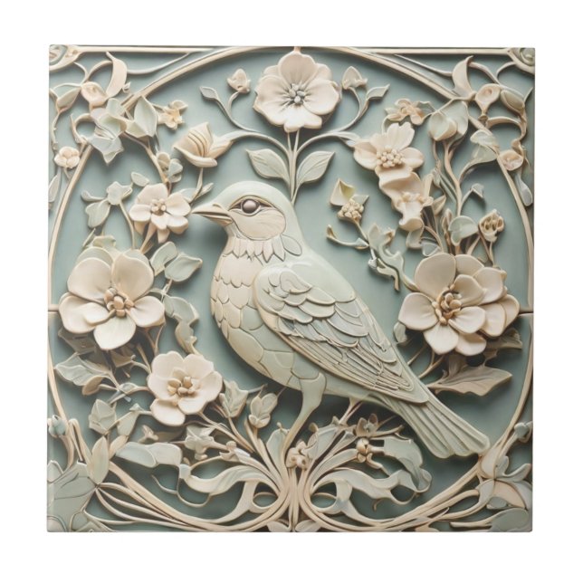 Azulejo Art Nouveau Faux Relief Bird Flower Blosoms Mint (Frente)