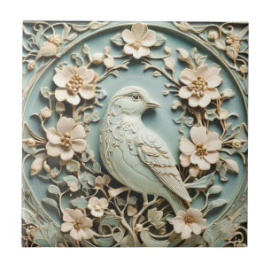 Azulejo Art Nouveau Faux Relief Bird & Spring Flowers Mint