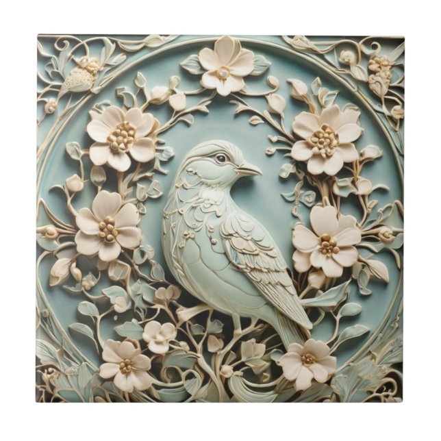 Azulejo Art Nouveau Faux Relief Bird & Spring Flowers Mint (Frente)