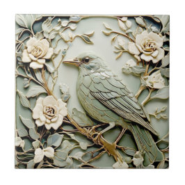 Azulejo Art Nouveau Faux Relief Blackbird Bird Pastel Mint
