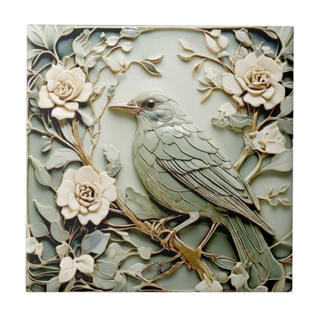 Azulejo Art Nouveau Faux Relief Blackbird Bird Pastel Mint (Frente)