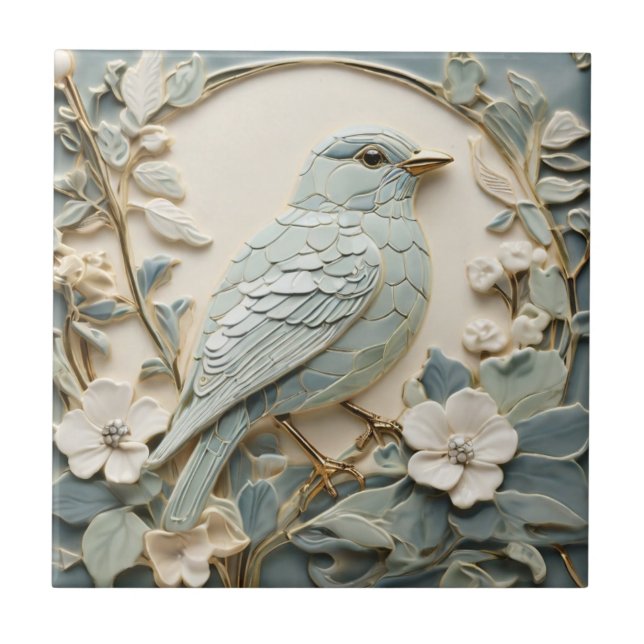 Azulejo Art Nouveau Faux Relief Bluebird Bird Right Mint (Frente)