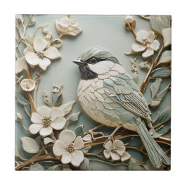 Azulejo Art Nouveau Faux Relief Chickadee Bird Mint Floral