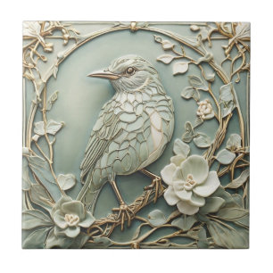 Azulejo Art Nouveau Faux Relief Dejó Margen De Pájaro En L