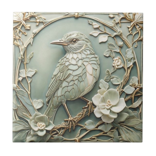 Azulejo Art Nouveau Faux Relief Dejó Margen De Pájaro En L (Frente)