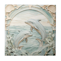 Art Nouveau Faux Relief Dolphins Mint Blue & White