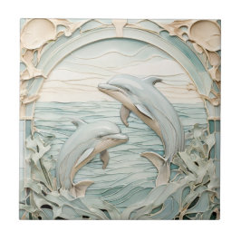 Azulejo Art Nouveau Faux Relief Dolphins Mint Blue & White