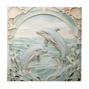 Azulejo Art Nouveau Faux Relief Dolphins Mint Blue & White