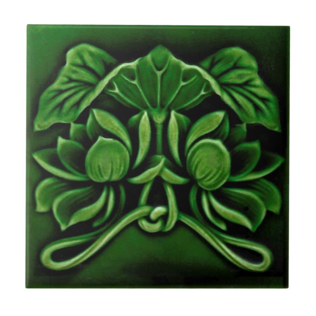 Azulejo Art Nouveau Faux Relief Floral Majolica Dk Green (Frente)