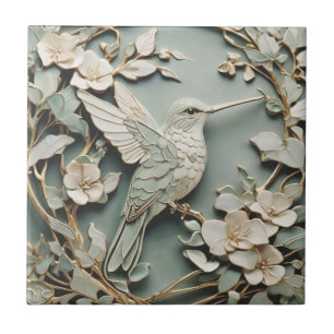 Azulejo Art Nouveau Faux Relief Hummingbird Mint
