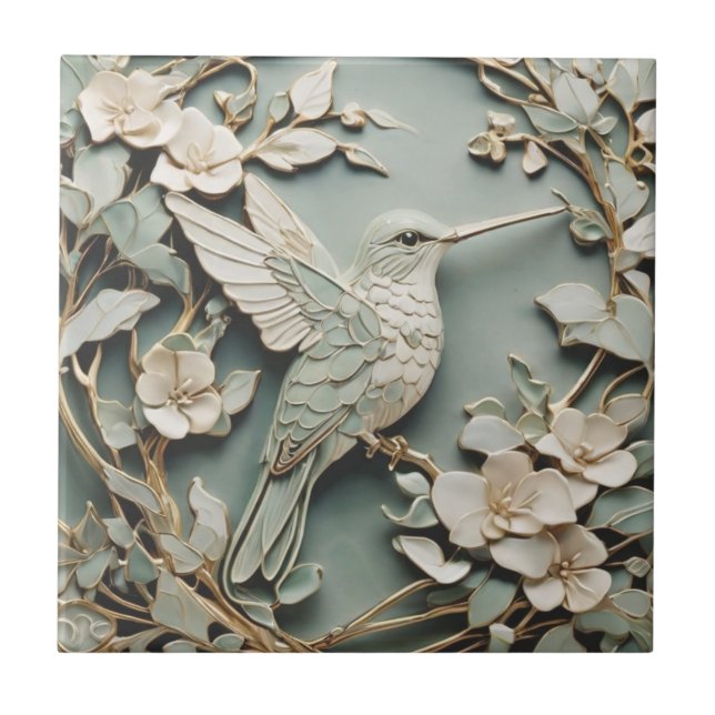 Azulejo Art Nouveau Faux Relief Hummingbird Mint (Frente)
