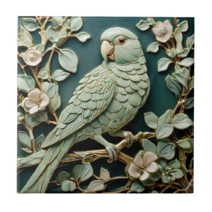 Azulejo Art Nouveau Faux Relief L Parakeet Bird Verde azul