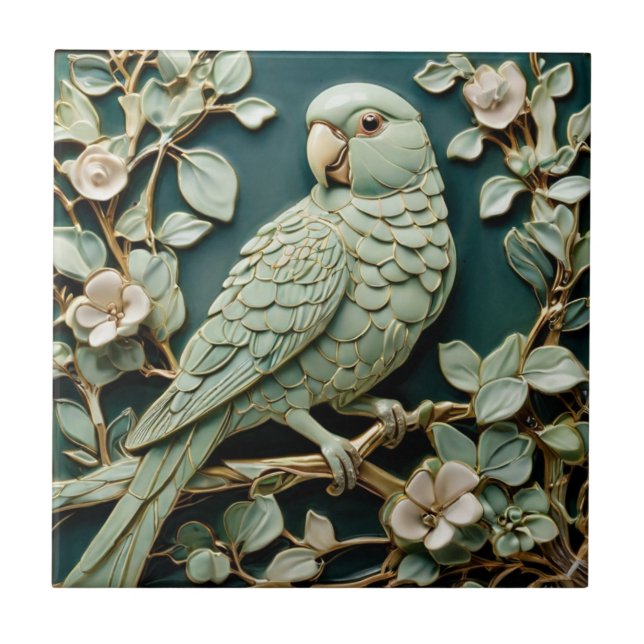 Azulejo Art Nouveau Faux Relief L Parakeet Bird Verde azul (Frente)