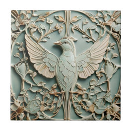 Azulejo Art Nouveau Faux Relief Left Bird Pastel Mint