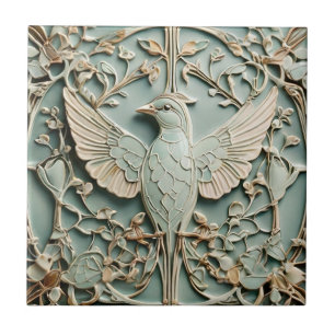 Azulejo Art Nouveau Faux Relief Left Bird Pastel Mint