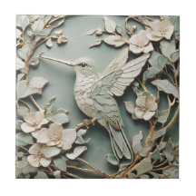 Art Nouveau Faux Relief Left Hummingbird Bird Mint