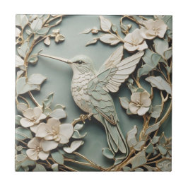 Azulejo Art Nouveau Faux Relief Left Hummingbird Bird Mint