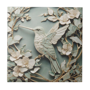 Azulejo Art Nouveau Faux Relief Left Hummingbird Bird Mint