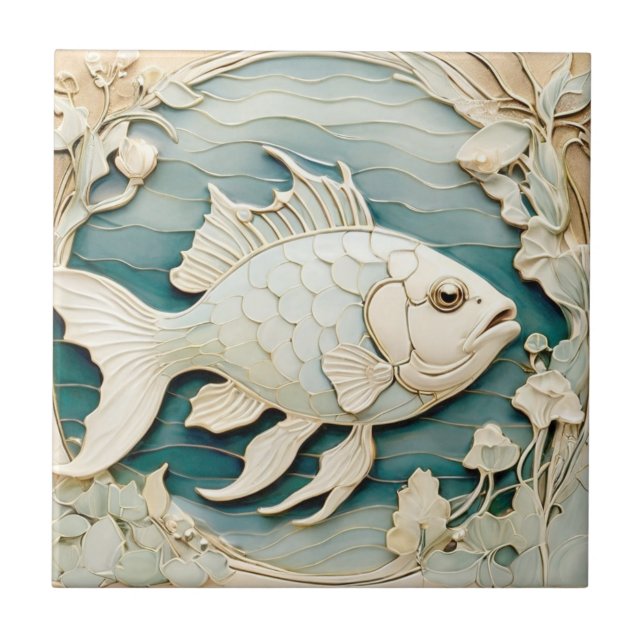 Azulejo Art Nouveau Faux Relief Mar de pescado Derecho Náu (Frente)