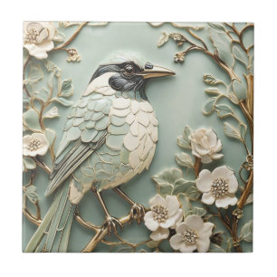Azulejo Art Nouveau Faux Relief Mint Bird Magpie Right