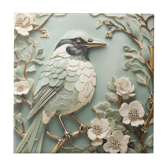Azulejo Art Nouveau Faux Relief Mint Bird Magpie Right (Frente)