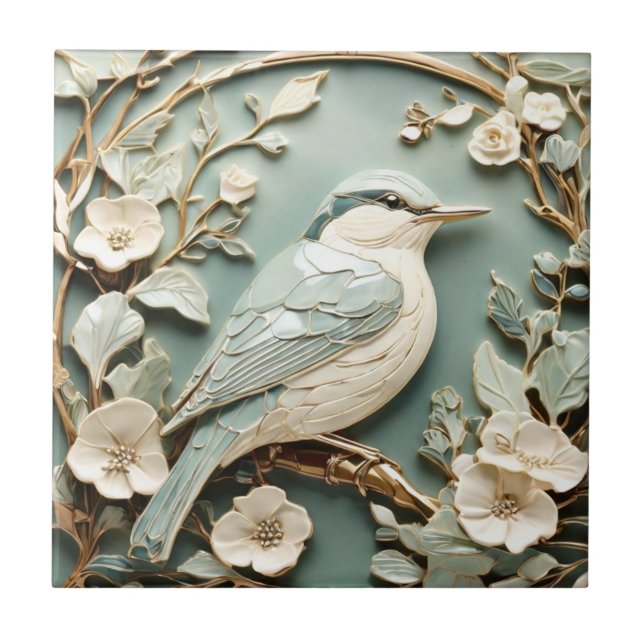 Azulejo Art Nouveau Faux Relief Nuthatch Bird Derecha (Frente)