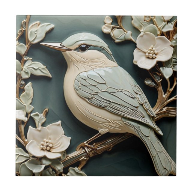 Azulejo Art Nouveau Faux Relief Nuthatch Bird L Turquoise (Frente)
