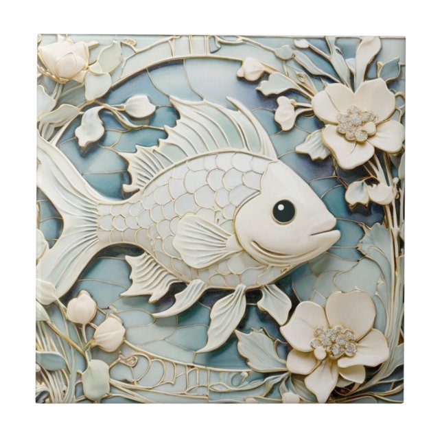 Azulejo Art Nouveau Faux Relief Ocean Fish Right (Frente)
