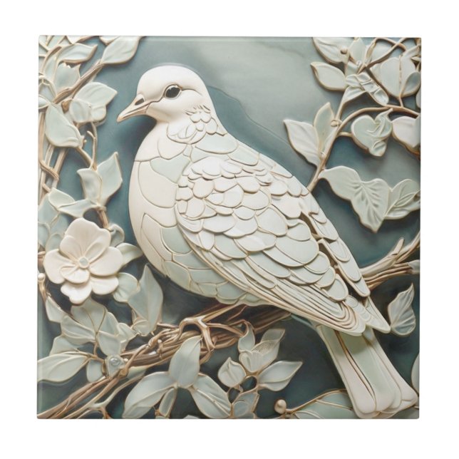 Azulejo Art Nouveau Faux Relief Pigeon Dove Bird Mint (Frente)