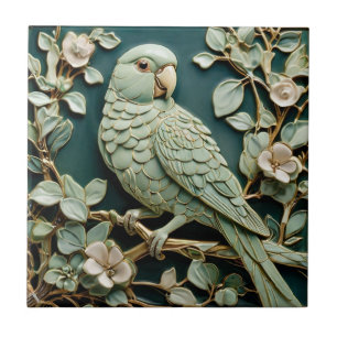 Azulejo Art Nouveau Faux Relief R Parakeet Bird Verde azul