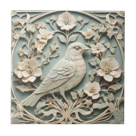 Azulejo Art Nouveau Faux Relief Right Bird Flowe Mint